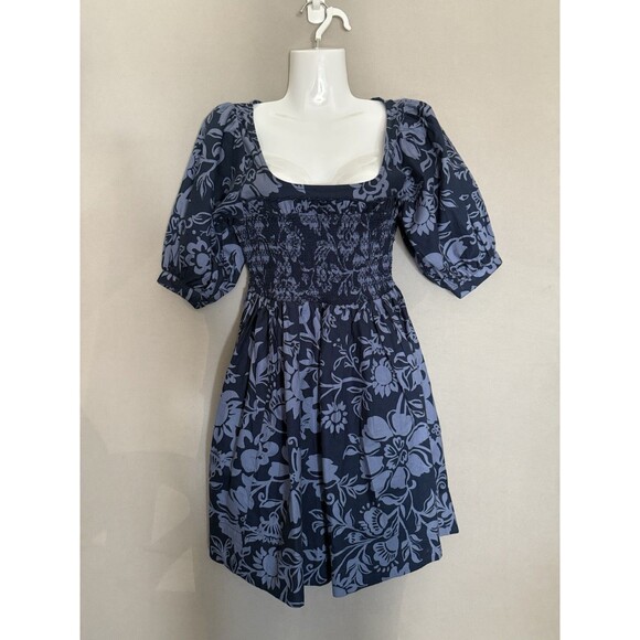 Free People Delilah Mini Dress XS Blue Floral Puff Sleeve Smocked Backless New - Picture 3 of 12